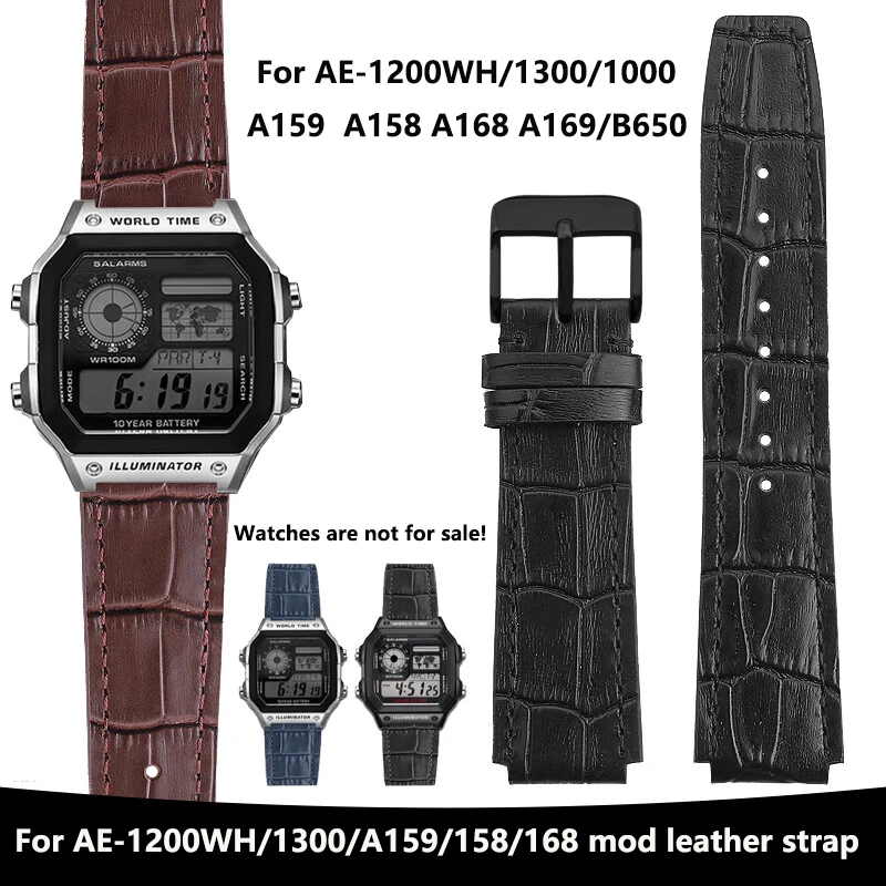 Gelang Jam Kulit Sapi 18Mm untuk AE-1200WH/1300/1000 A159/158/168/159 Seri Dimodifikasi Lea/Tali Lain Gelang Pria Hitam Coklat Biru