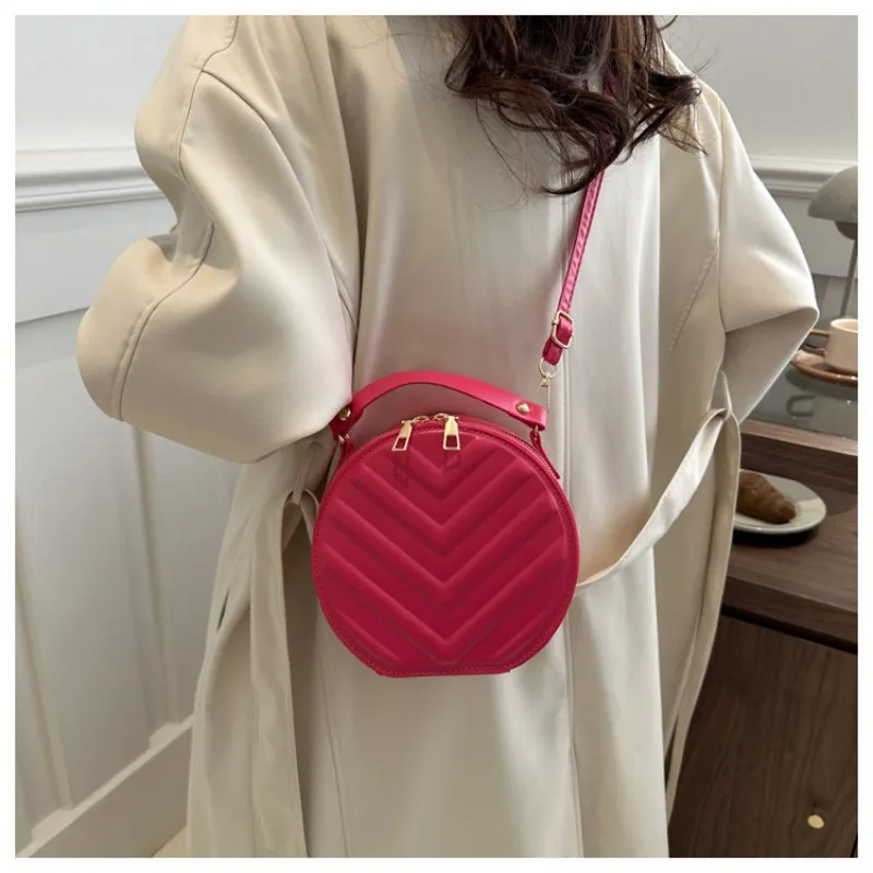 Fashion Round Shoulder Bag For Women Simple Mini Leisure Crossbody Bag Solid Color PU Leather Handbag Double Zipper Design Purse