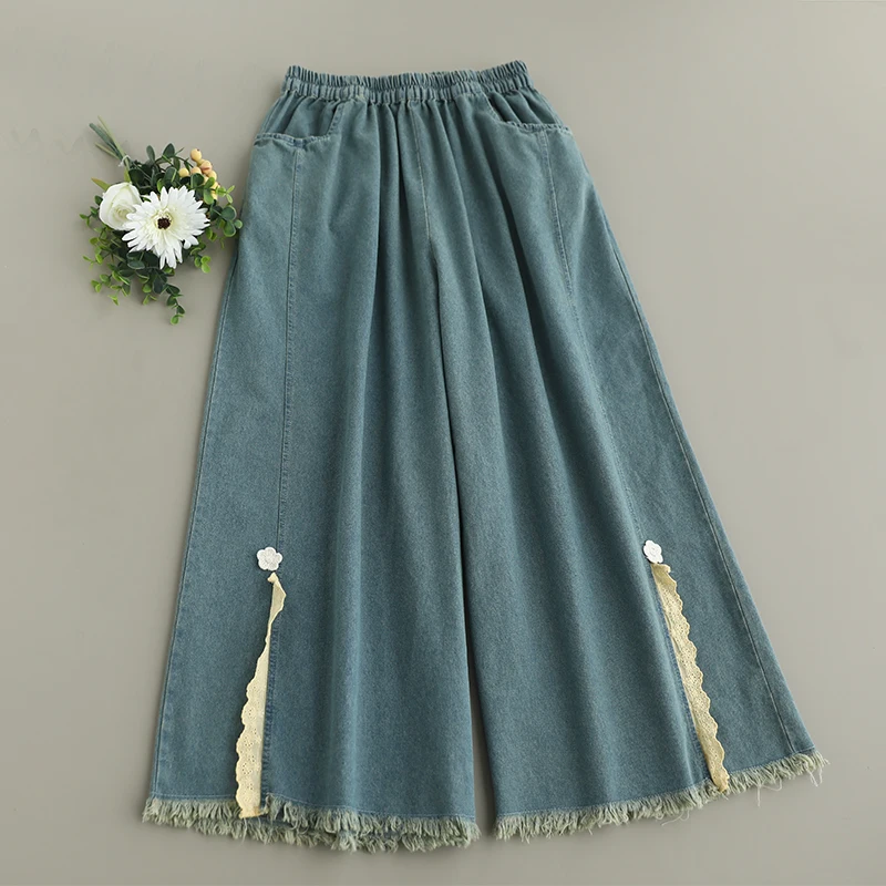 Spring Summer New Japanese Vintage Mori Girl Denim Wide Leg Pants Women Retro Elastic Waist Casual Loose Nine Point Jeans