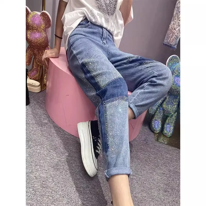 Thin Denim Jeans for Women's 2024 Summer New Loose Wide Leg Hot Diamond Nine Point Harlan Collapse Pants Jeans Woman