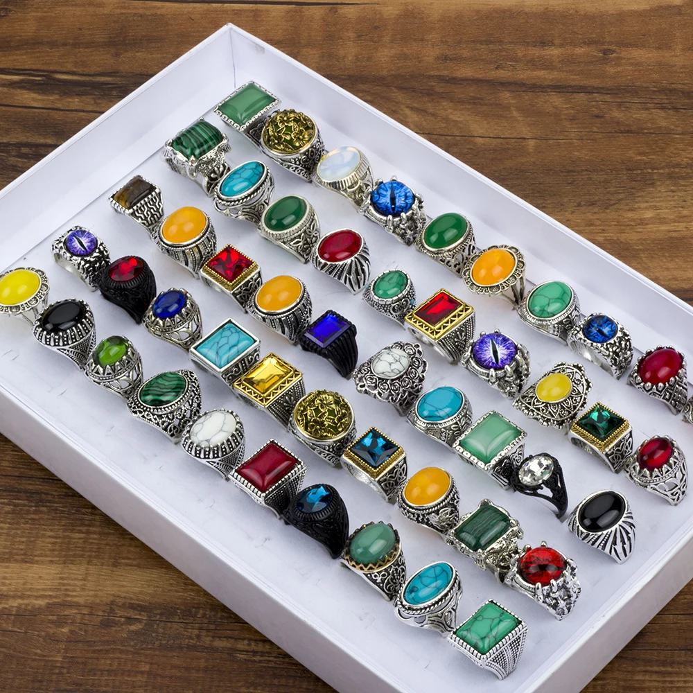 10/20/30 Pcs/Lot Vintage Rings For Men Women Colorful Stone Carved Flowers Fashion Jewelry Accessories Party Gift