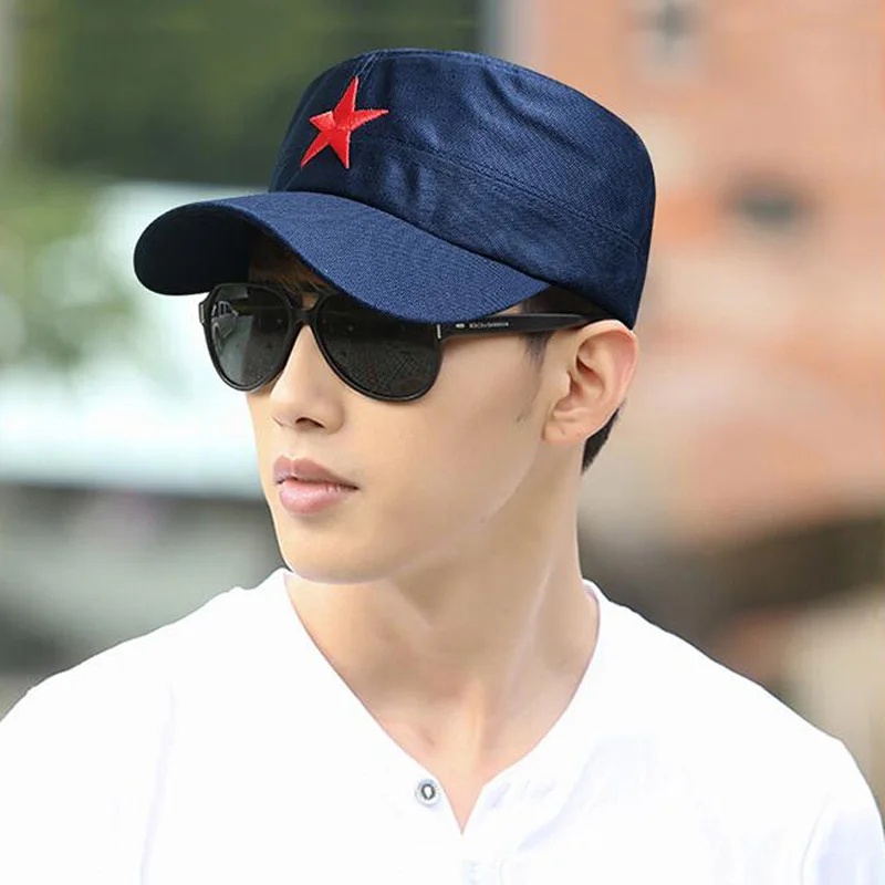 Red star Washed Cotton Flat Top Hat Adjustable Fisher Military Caps Men Women Cadet Army Cap Unique Design Vintage Four Seasons