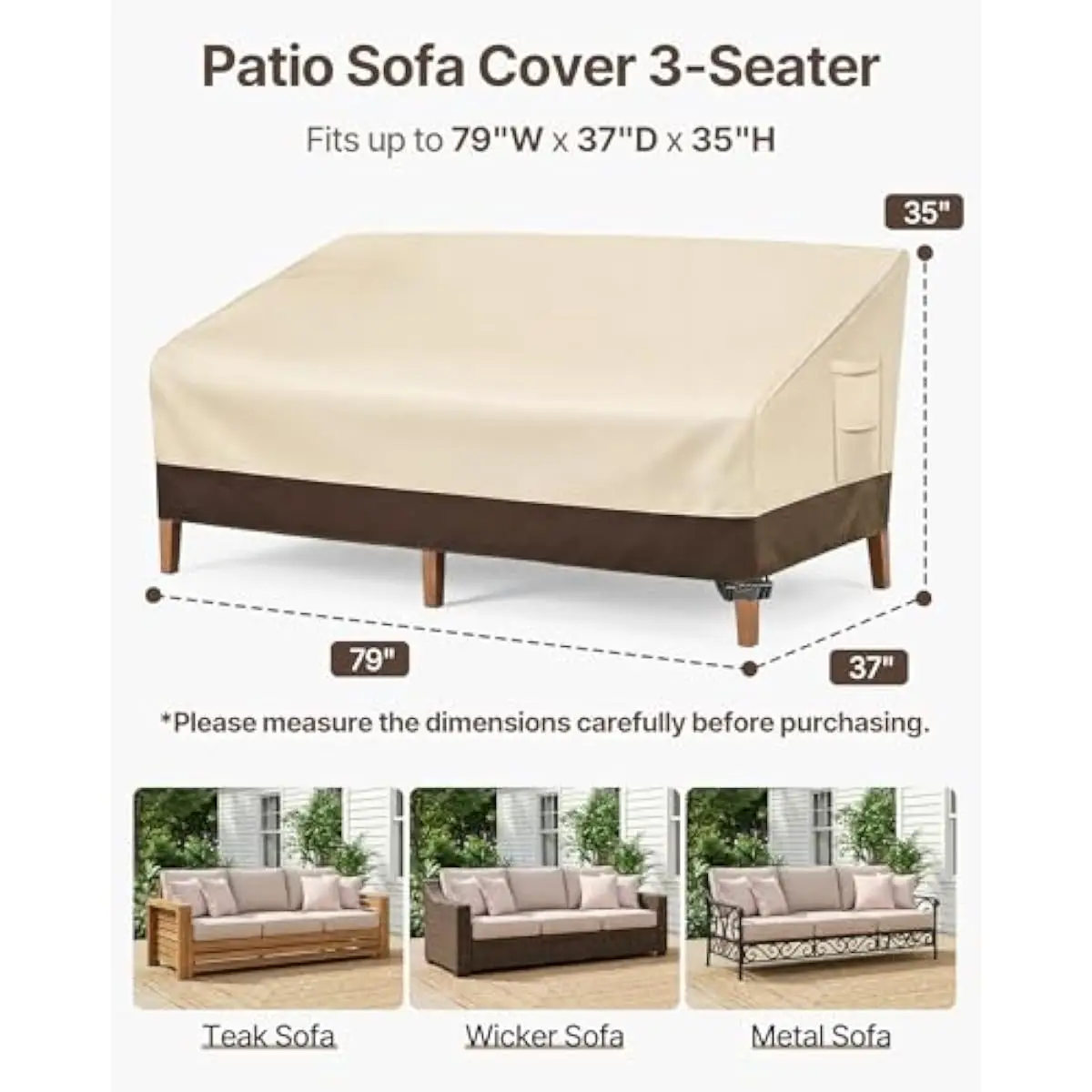 Outdoor 3-Piece Waterproof Sofa Cover for Patio Couches | 600D Oxford Fabric with Taped Seams | Windproof Straps & Elastic Hem |