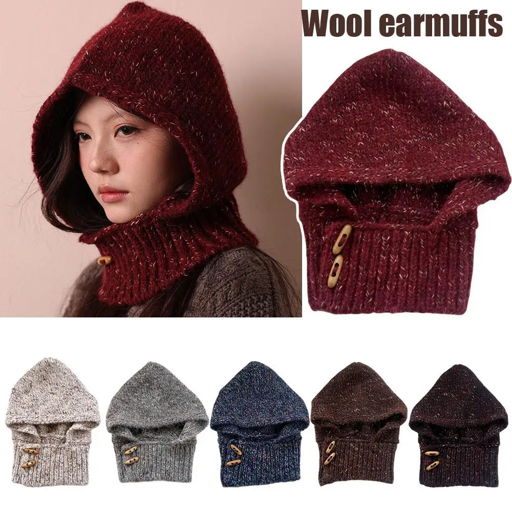 

Женская утолщенная шапка-балаклава, шерстяная вязаная шапка с гетрами на шею, ветрозащитная шапка с защитой ушей, пряжа с роговой пряжкой, вязаная шапка с капюшоном