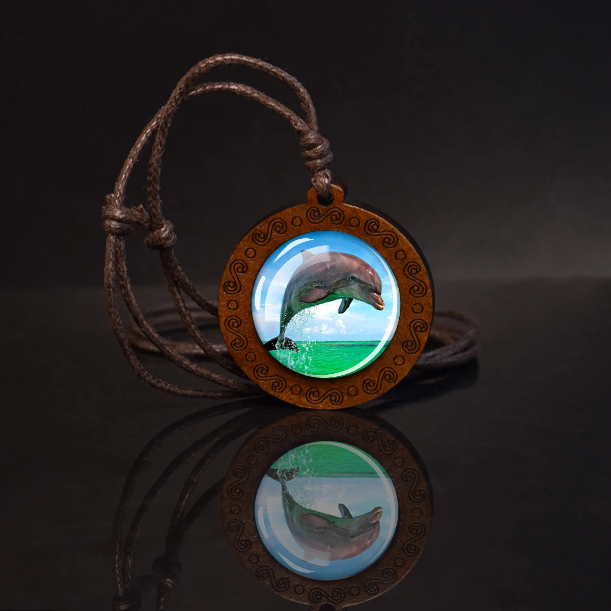 Turtles Dolphins Necklace Blue Sea Marine Animals Glass Dome Vintage Wooden Pendant Rope Chains Necklace Women Men Cute Jewelry
