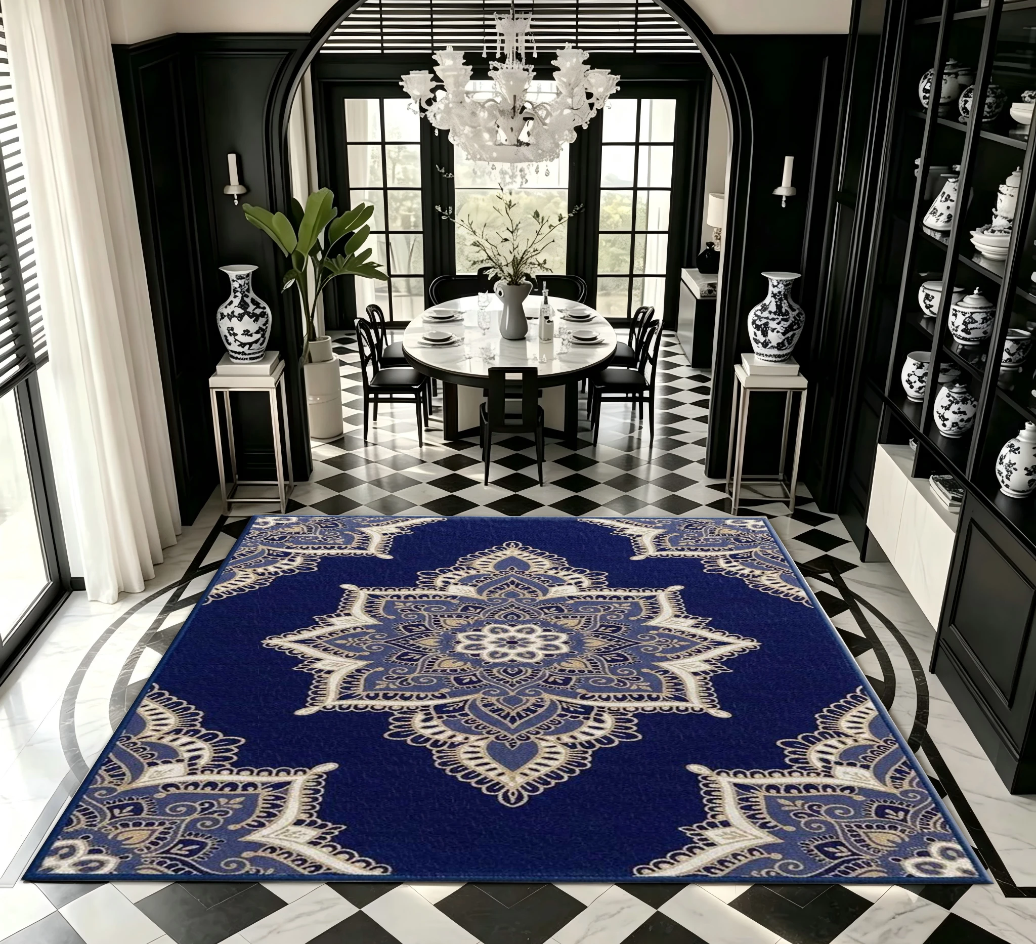 Mandala Navy Blue Area Rug Bohemian Floral Medallion Carpet Indoor Living Room Bedroom Floor Mat