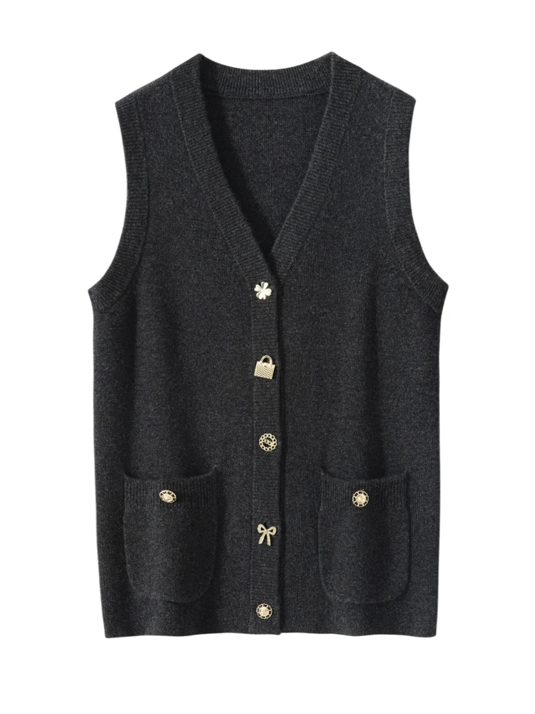 

high-end Women 100% Cashmere Waistcoat Metal Buttons V-neck Sleeveless Cardigan Autumn Winter Sweater Office Lady