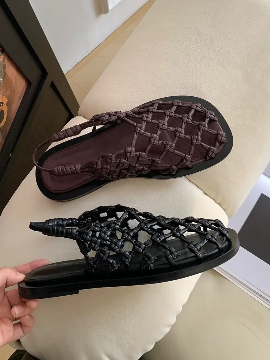 Woven Roman Style Flat Bottom Sandals Women's Leather Hollow out Slip-On Summer Flats Casual Breathable Footwear