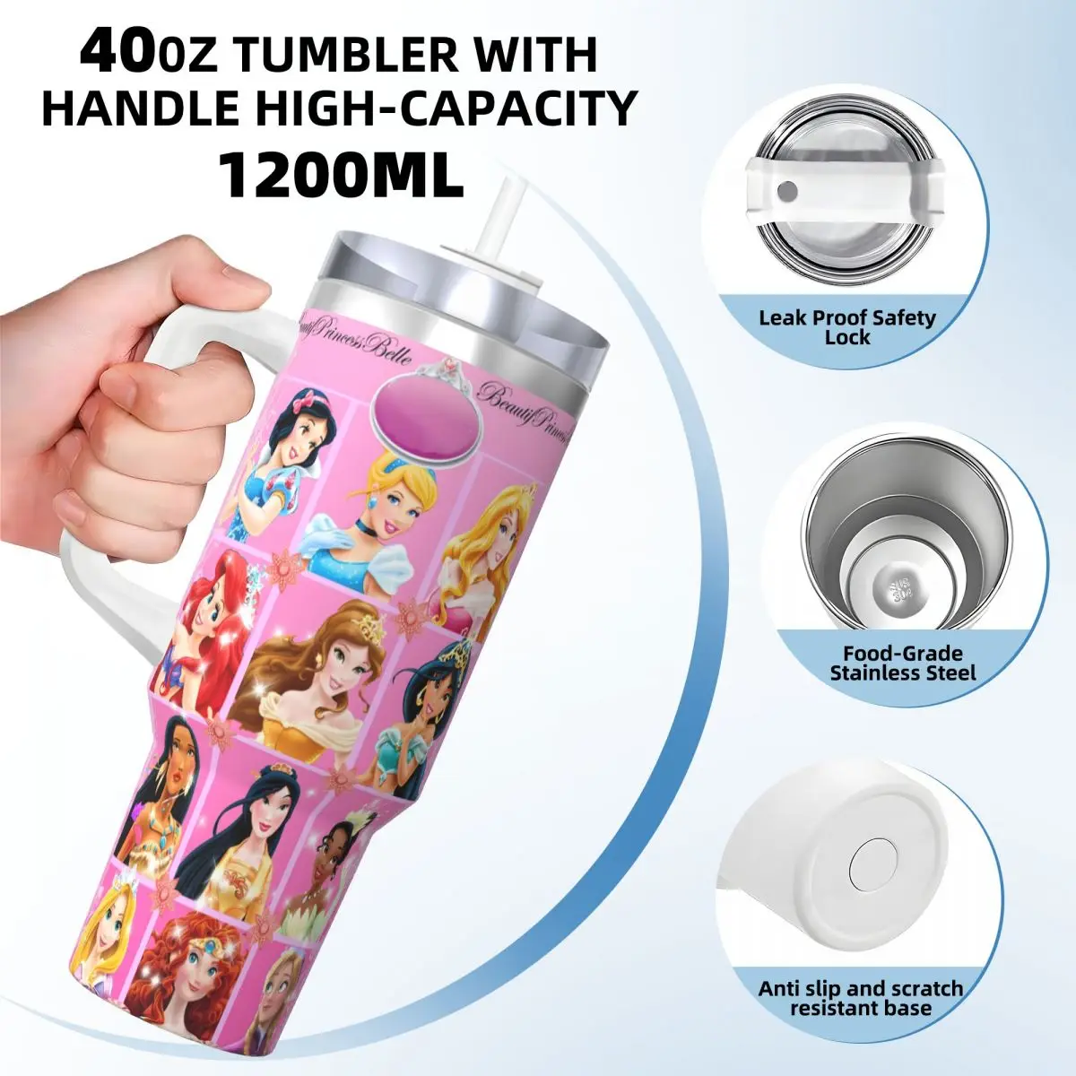 Stainless Steel Tumbler Snow White Princess Thermal Mug Heat Preservation Cold and Hot Mugs Cup Travelist Custom Water Bottle