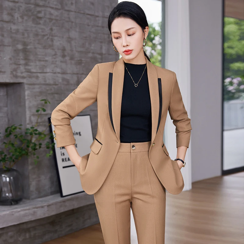 Damen britischen Stil Kontrast Blazer weites Bein Hosen Set Vintage Pendler Taille einfarbig Anzug Mantel lange Hosen zweiteilige Sets