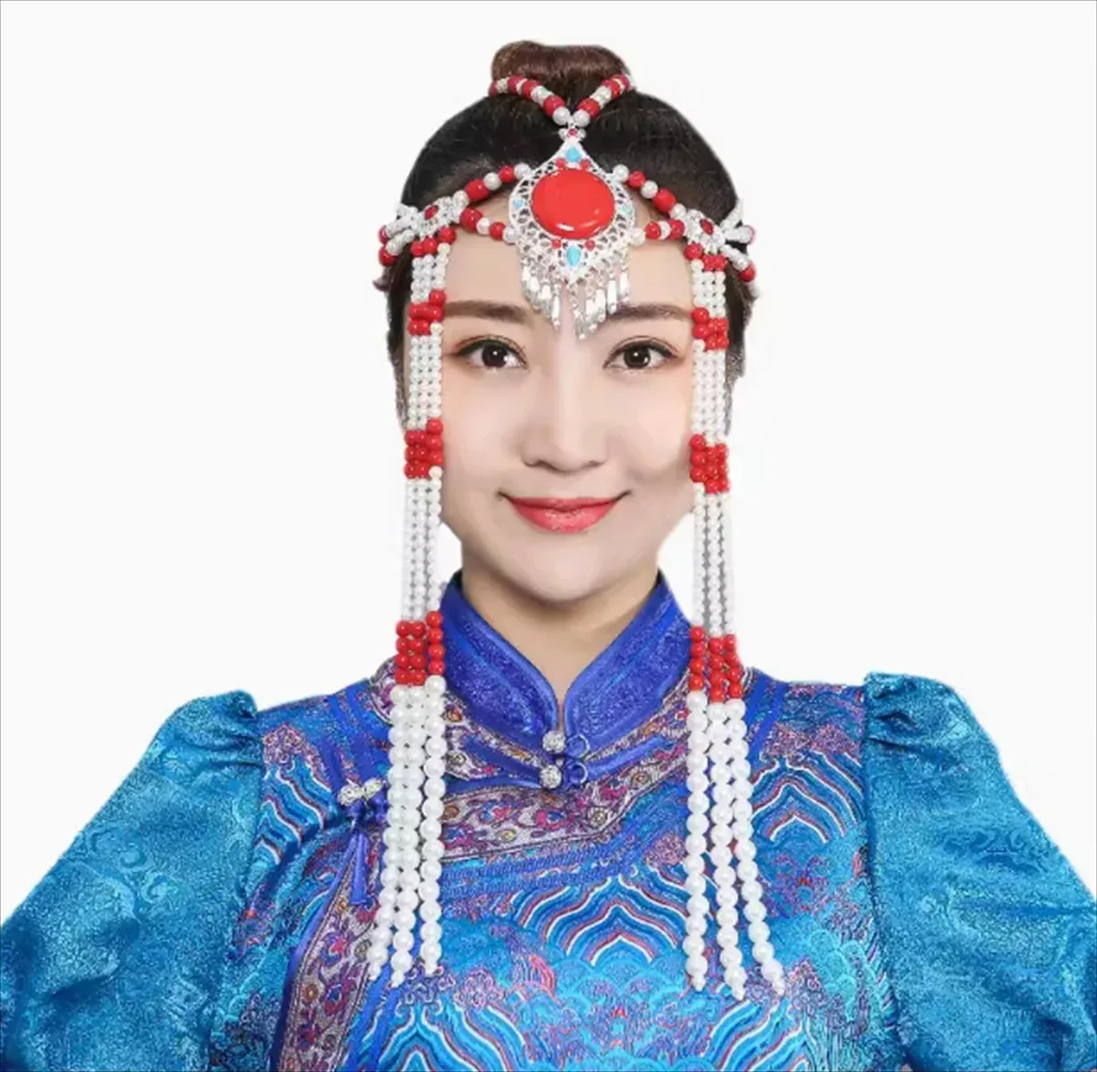 

Handmade beaded ethnic minority wedding headpiece for Mongolian women