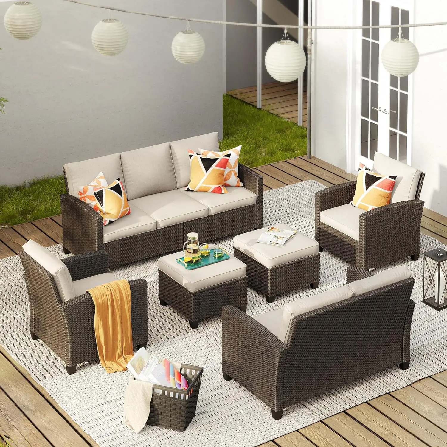 Patio Furniture Set with Ottomans, Outdoor Wicker Conversation Set with 3-seat Sofa, Loveseat Sofa, Single Patio Sofas