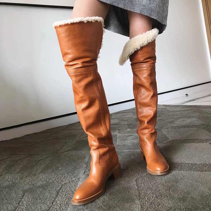 Winter Wool Fur Foldover Top Over The Knee Boots Woman Camel Black Oil Wax Leather Fur Boots Pointed Toe Flats Warm Snow Boots