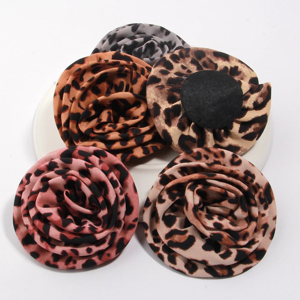 10cm Leopard Print Chiffon Stereoscopic Roses Flower Corsage Flower DIY Handmade Wedding Badge for Hairpin Hair Accessories