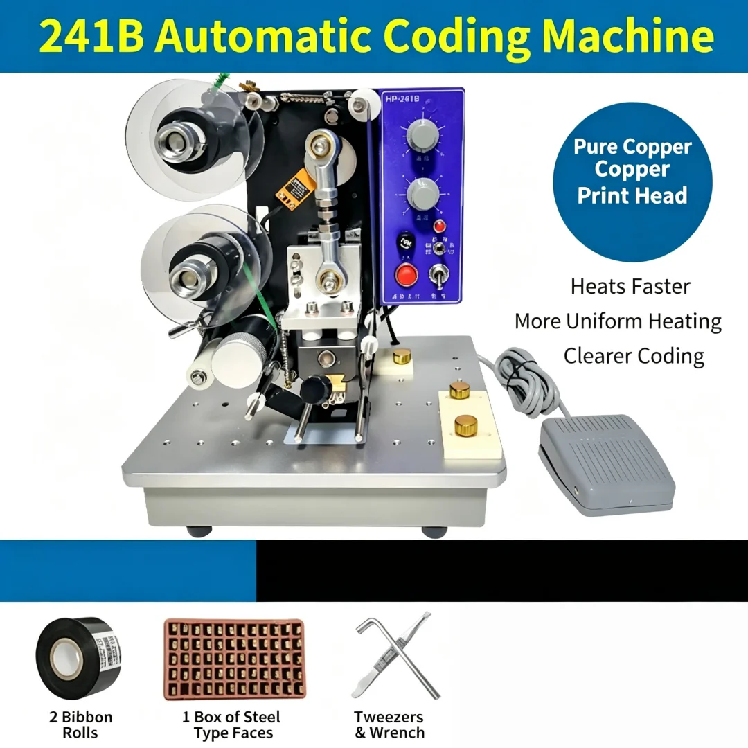 Automatic Electric Ribbon Hot Stamping Coding Machine HP-241B, Portable Mini Date Marker, Batch Number Printer for Food Packagin