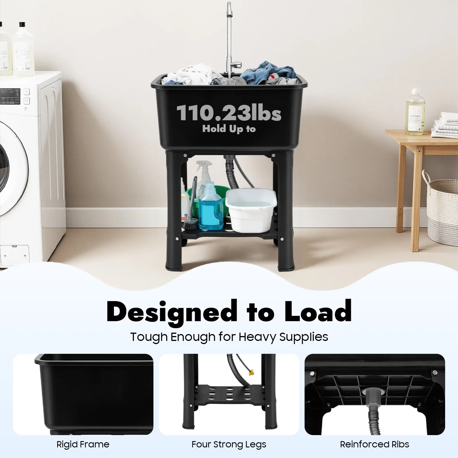BYMAOCAR Freestanding Plastic Utility Laundry Sink Tub Equipped with Washboard & 360° Rotatable Tall Faucet For Laundry Room Use