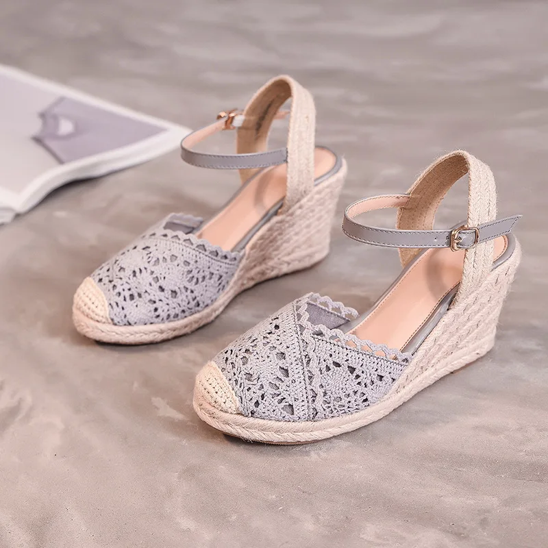 Graceful Women Lace Sandal Straw Bottom Shoes Platform Espadrilles Buckle Strap Close Toe Sandales