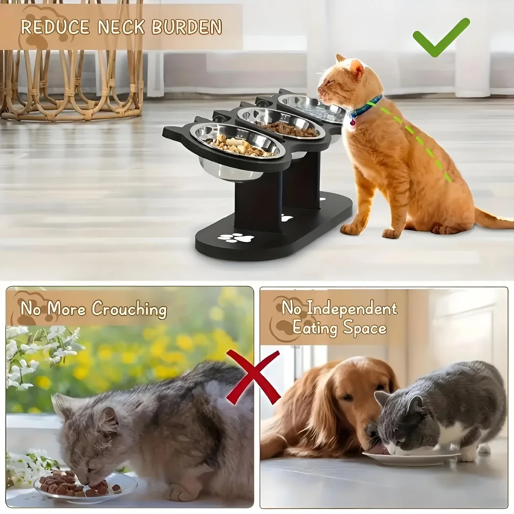 Elevated Cat Feeder, Black Wood Stand, Stainless Steel Bowls 15 Degree