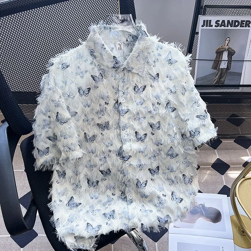 Male Unisex Butterfly Tassel Trendy Shirts Tops Men Ins Chic Y2K Party Night Club Blouse Summer Date Cafe Daily Streetwear Tees