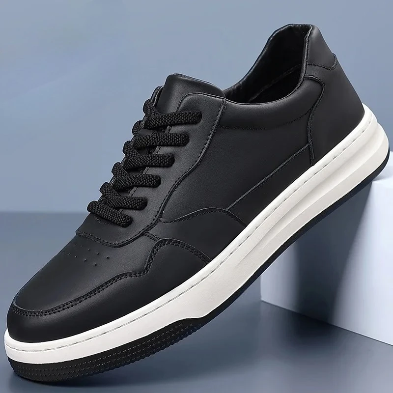 

New Men Genuine Leather Casual Shoes Fashion Flat Skate Shoes Street Cool Lace-up Sneaker