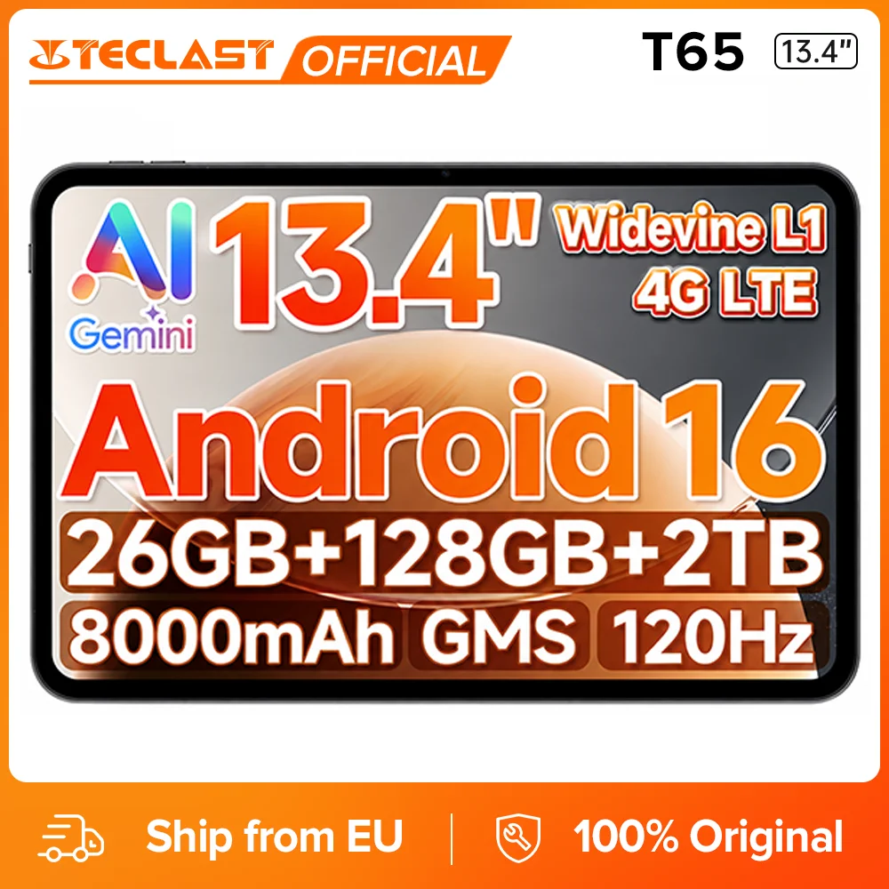 Tablet TECLAST T65 13,4 pollici FHD 1920x1200 120Hz IPS 16:10 Android 16 Unisoc T7280 Octa-Core 6GB RAM + 20GB Virtual 128GB 4G LTE Dual SIM Dual Band WiFi 8000mAh Widevine L1 Netflix GPS Versione