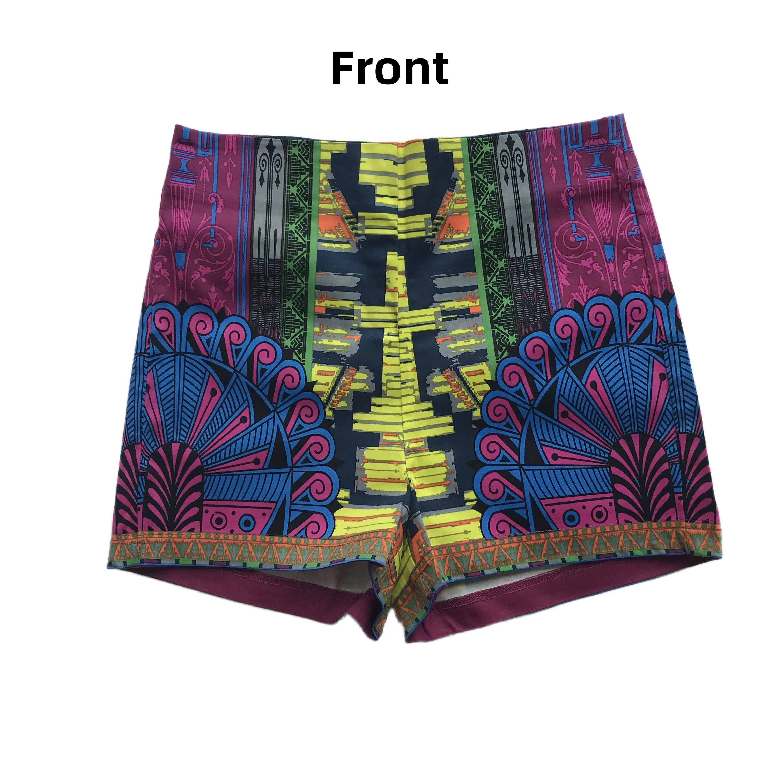Women's Multi-colored Boho Print High-waisted Back Zip Close Stretch Hot Pants Park Shorts with A Bohemian Eclectic Aesthetic