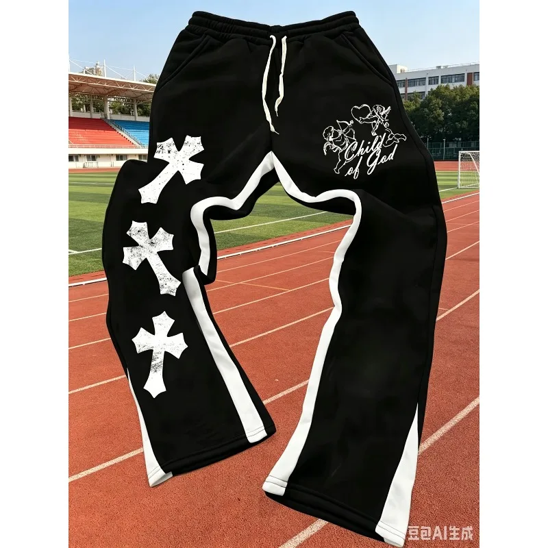 Men's Casual Street Style Trendy Cross Print Fashionable Slightly Flared Black and White Color-Block Design Sweatpants