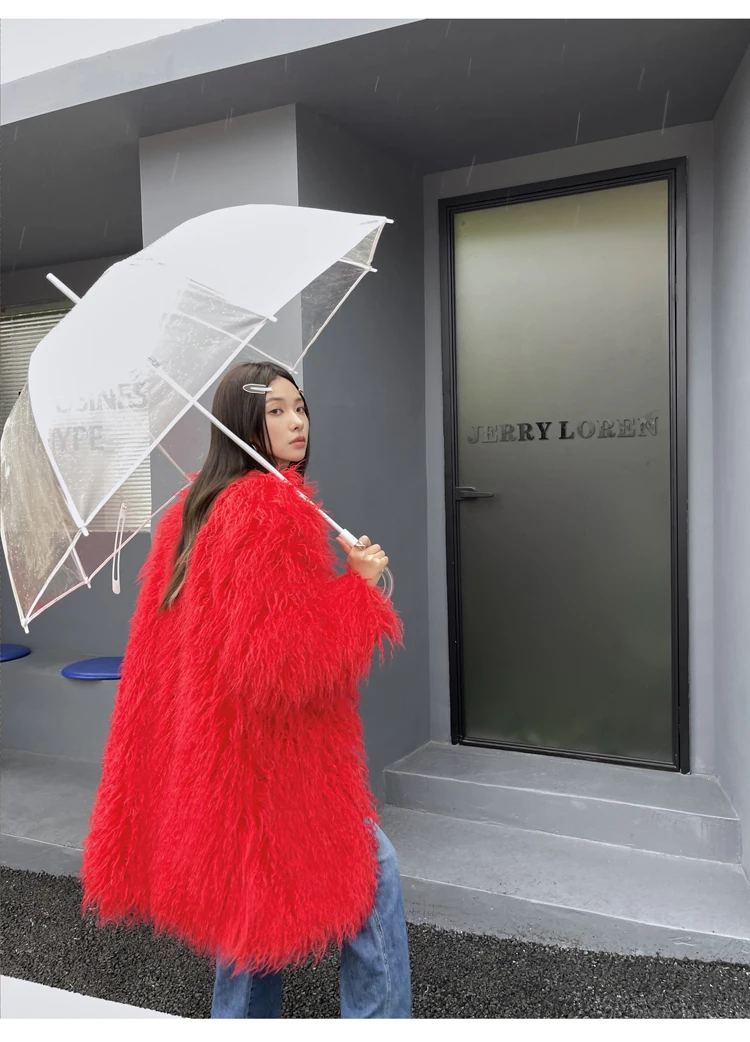 Female Fashion Red Faux Fur Coat V-neck Lady Long Jacket Shaggy Outerwear Women\'s Coats Factory Direct Sales