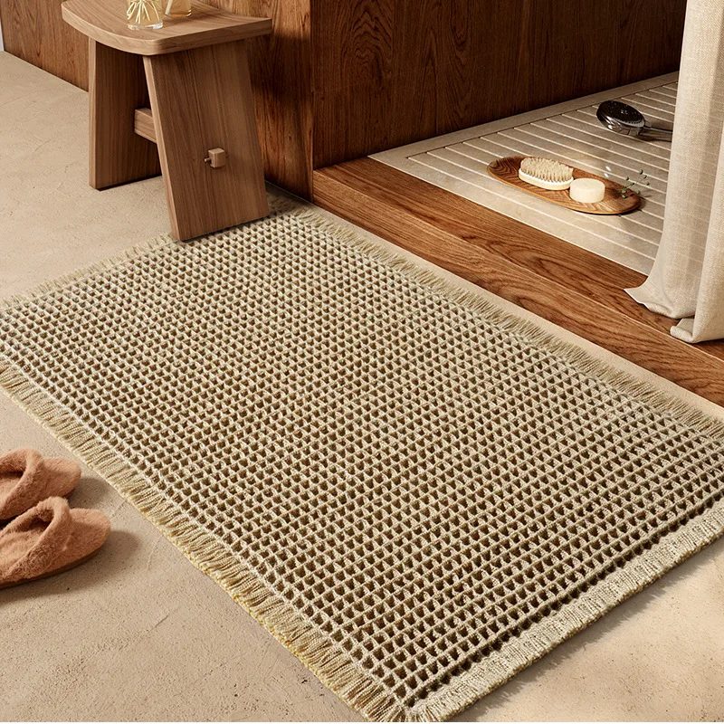 Waffle Bath Mat Non-Slip Ultra-Absorbent Polyester Blend Rug Machine Washable with Tassels for Bathroom Floor