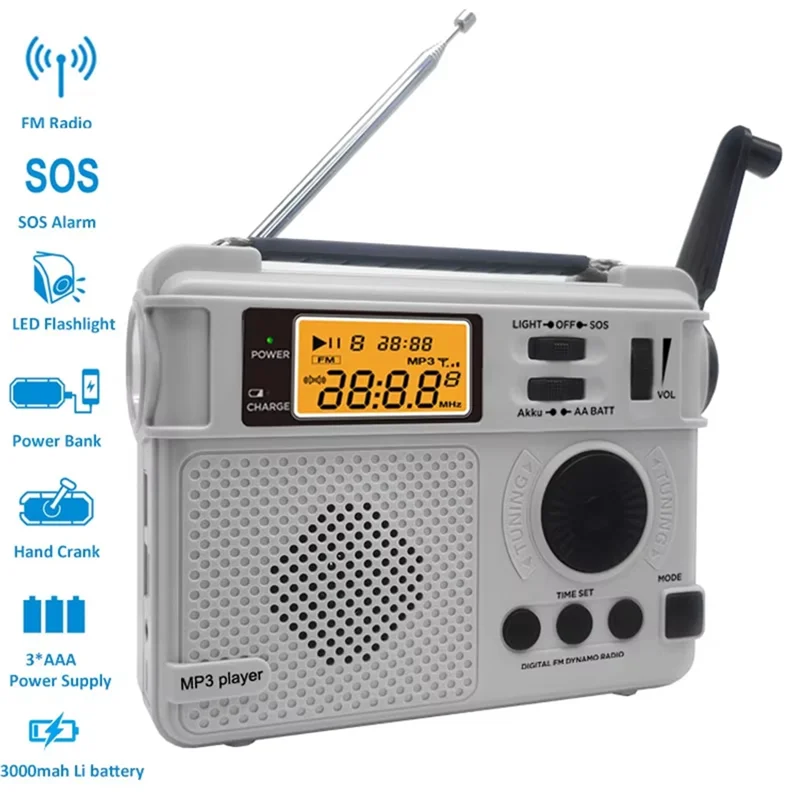 -A12R FM Radio Outdoor Hand Crank Emergency Radios Receiver 3000Mah Bluetooth Speaker Flashlight Support SOS Power Bank TF