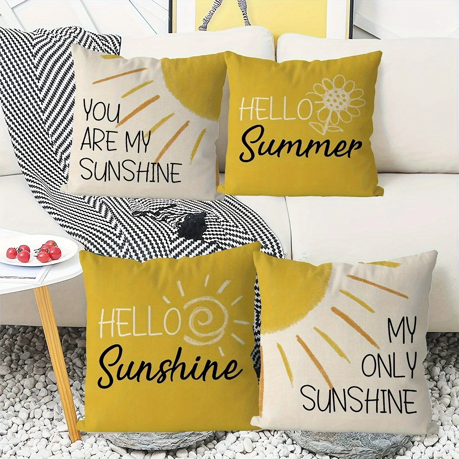 4PC Cute Summer Sunshine Quote Throw Pillow Covers Set of 4 Decorative Accent Pillows for Bedroom Living Room Home Decor