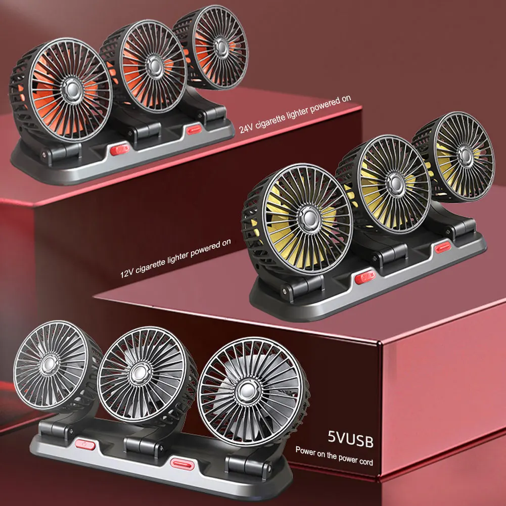 Ventilador elétrico automotivo ajustável para painel, baixo ruído, 360 °, 3 cabeça, 5V, 12V, 24V, sem escova, RV, caminhão