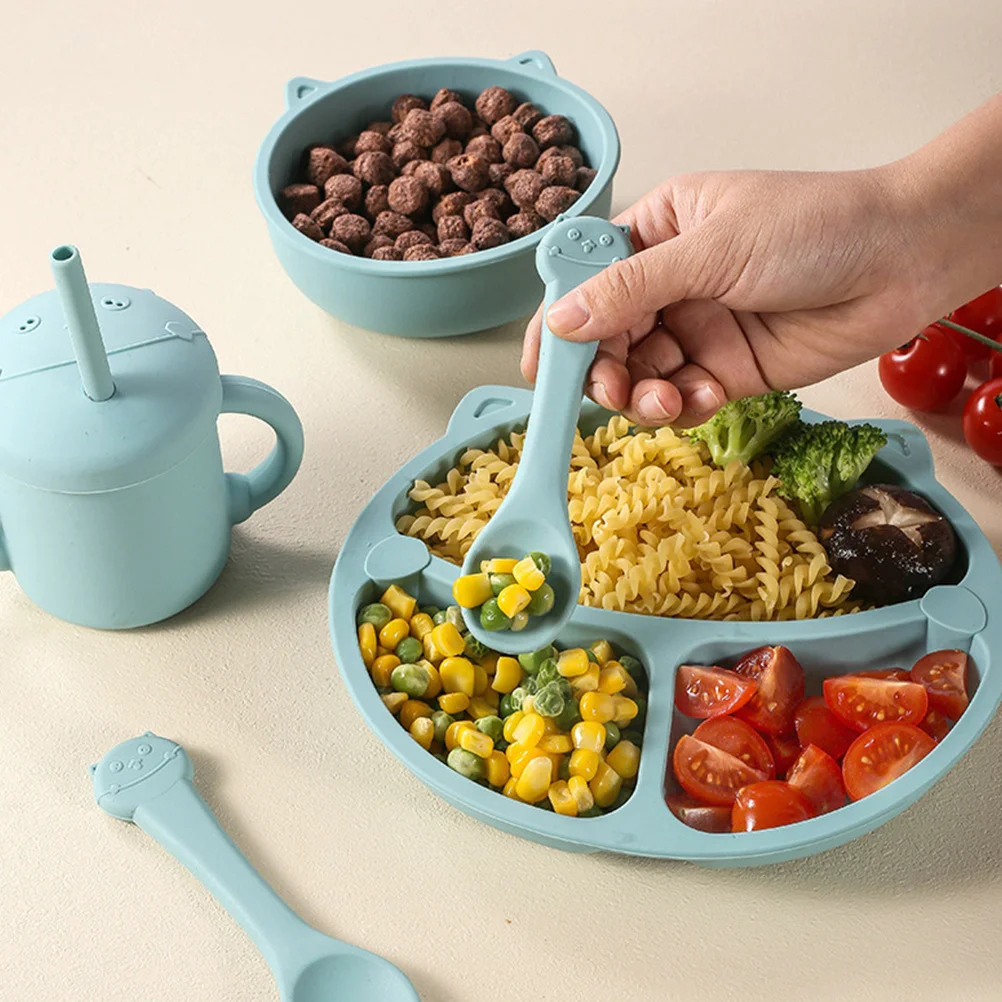 1 مجموعة سيليكون الاطفال لوحة مجموعة صحون لطيف مقسمة أواني الطعام للأطفال الصغار Bpa خالية وعاء طعام مع ملعقة شوكة عدم الانزلاق قاعدة هدية