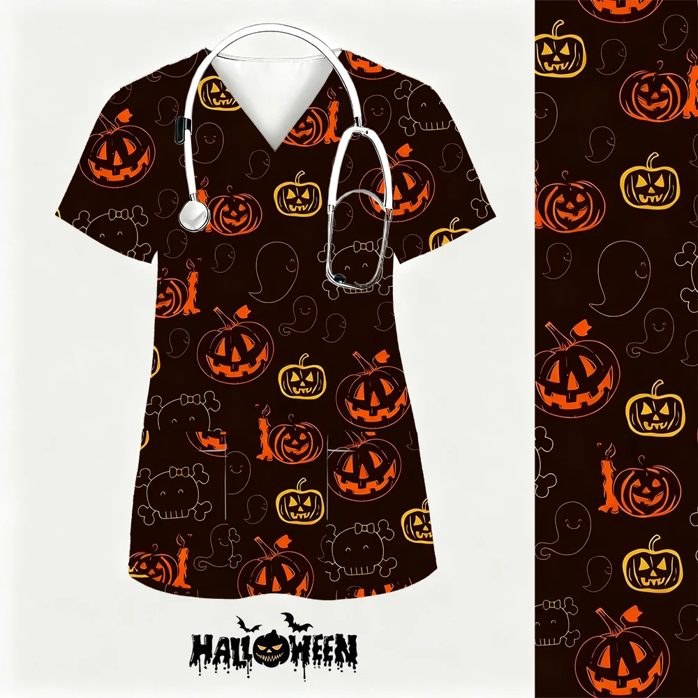 ﻿   2025 novas mulheres de halloween uniformes de enfermagem esfrega clínica enfermeira médico à prova de poeira workwear médico esfrega topo ﻿