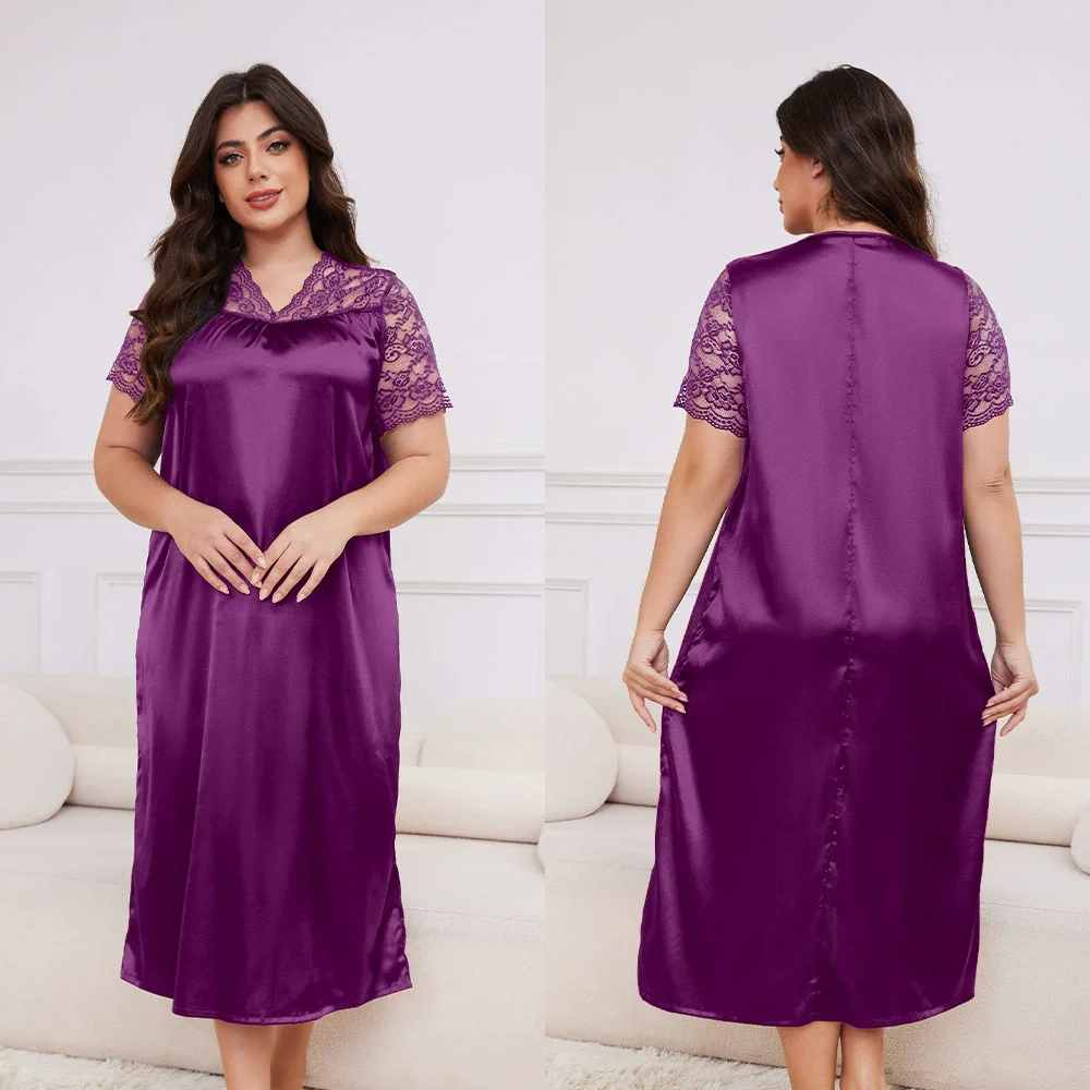 Loose Women's Nightgown Sexy Summer Short Sleeve Silk Lace Night Dress For Woman Nightie Pajamas Dress Night Wear Female 4