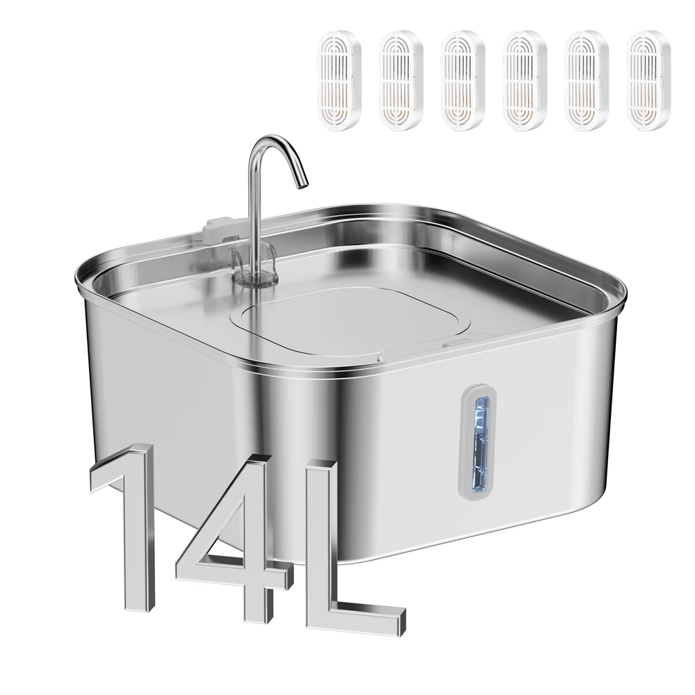 Fontaine à eau pour chats et chiens de grande capacité 14L en acier inoxydable avec fenêtre transparente, filtre pour fontaine à eau pour animaux de compagnie, distributeur d'eau pour chats