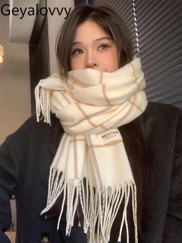 

Sweet Versatile Plaid Scarf for Women Autumn and Winter High-End New Korean Style Outdoor Warm Tassel Neck Cover Scarf