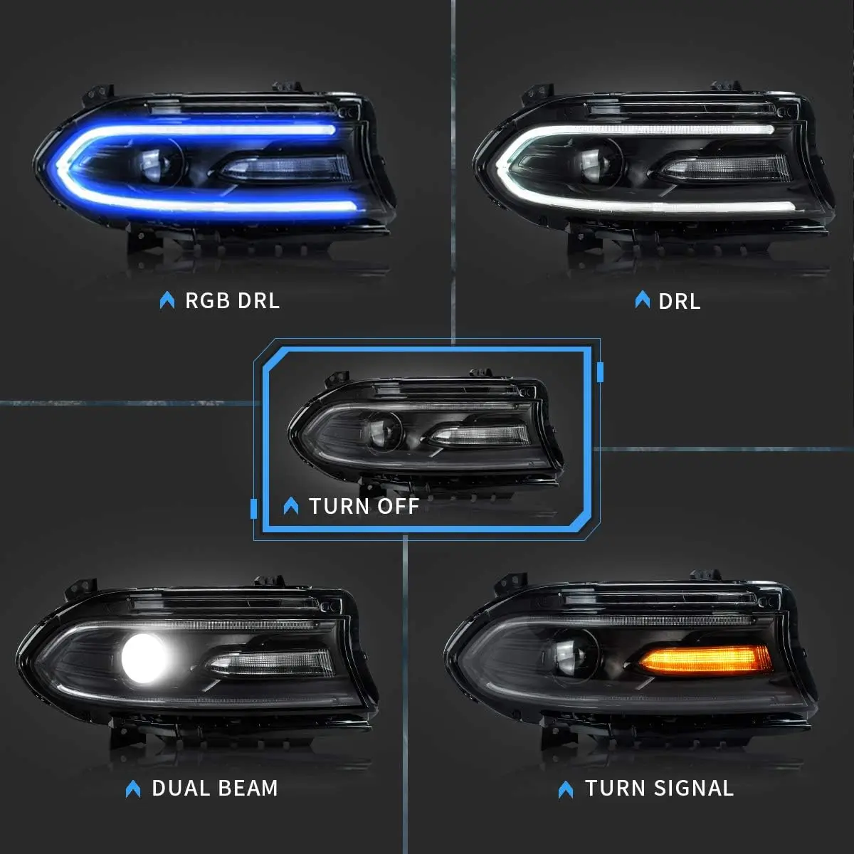 RGB Led Headlights Compatible with Dodge Charger 2015-2023(Not Fit Xenon Models) w/Projector w/Dual Beam w/Multicolor RGB