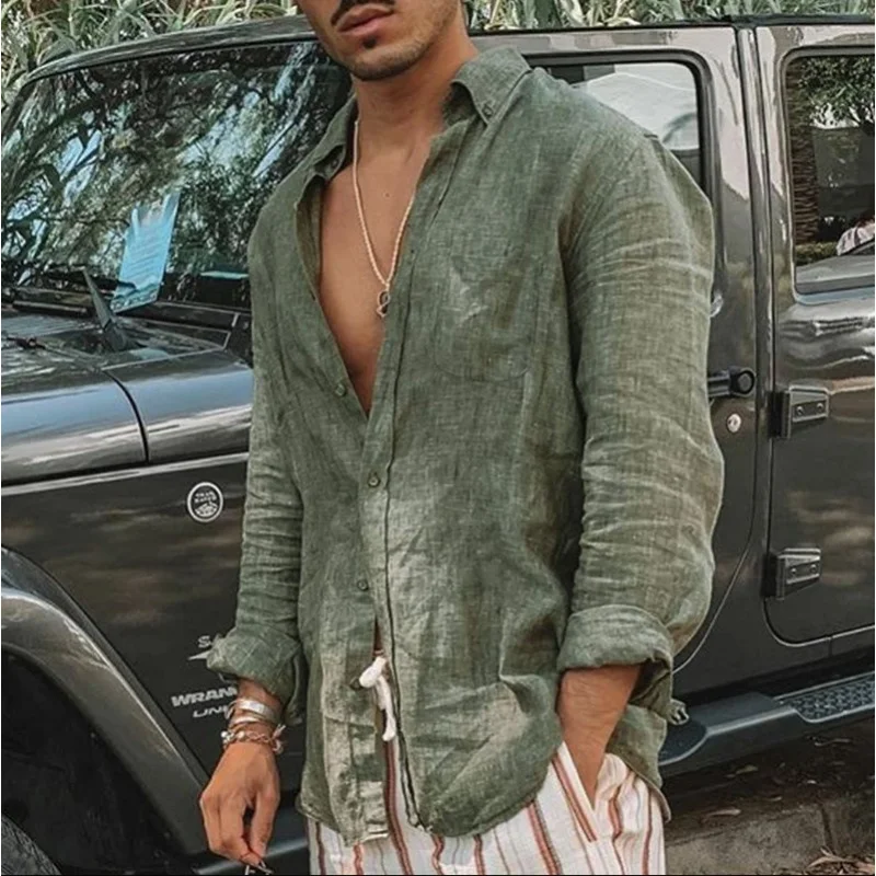 Cotton Super Thin Shirt Men Long-sleeved Button-down Roll Collar Green Menswear Summer Fashionable Solid Beach Breathable