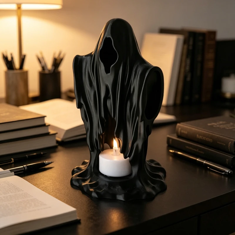 D Printed Matte Black Ghost LED Tealight Holder, Melting Silhouette, Gothic Dark Decor, Spooky Ambient Light & Shadow