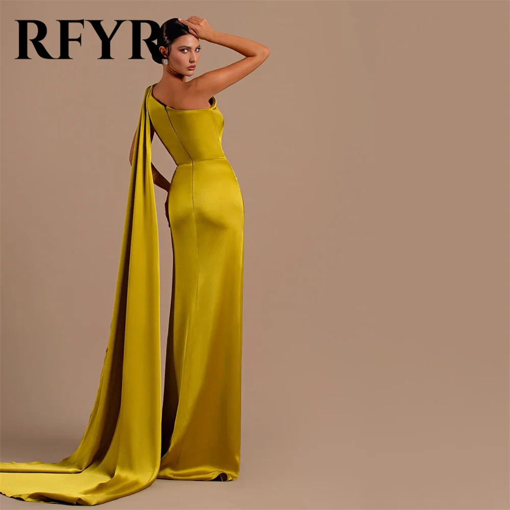 RFYR Gold Prom Dress Sleeveless One Shoulder Satin Evening Dresses Sexy Side High Split Party Dress With Pleats Robe De Soirée