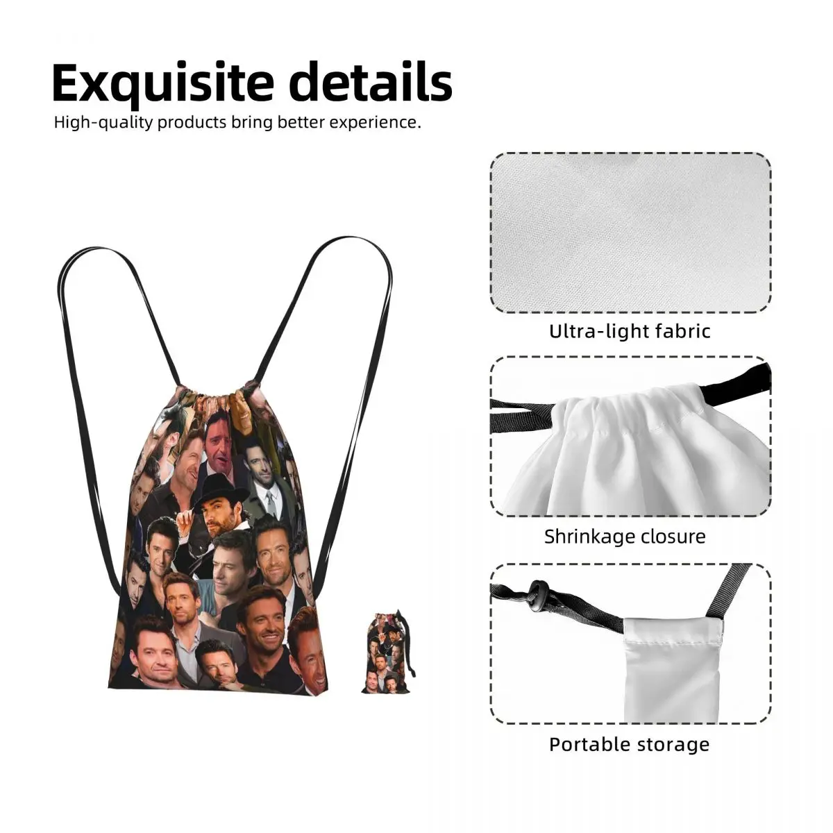 Hugh Jackman Photo Collage Drawstring Backpack Sports Gym Bag Lightweight Foldable Storage Drawstring Bag for Men Women