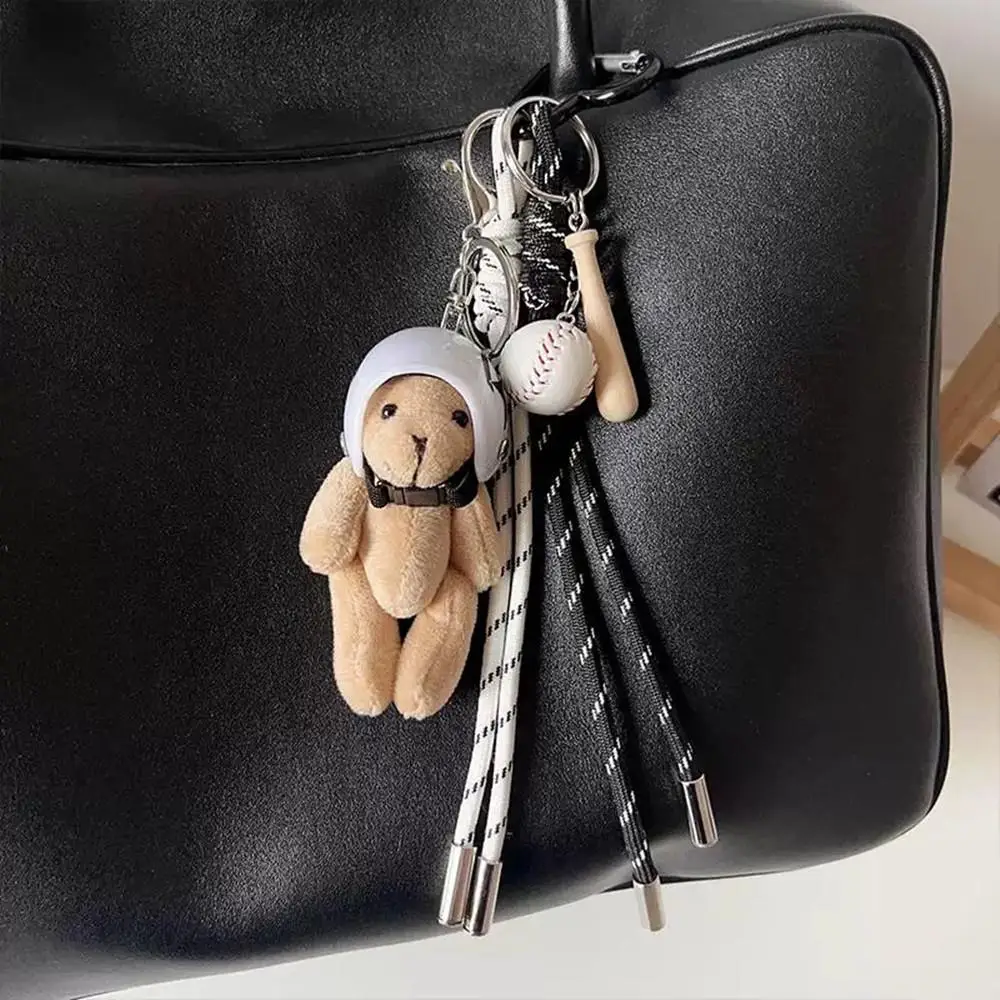 Cute Helmet Bear Keychain Vintage Dachshund Puppy Dog Car Key Ring Golf Baseball Bag Pendant Creative Bread Braided Rope Pendant