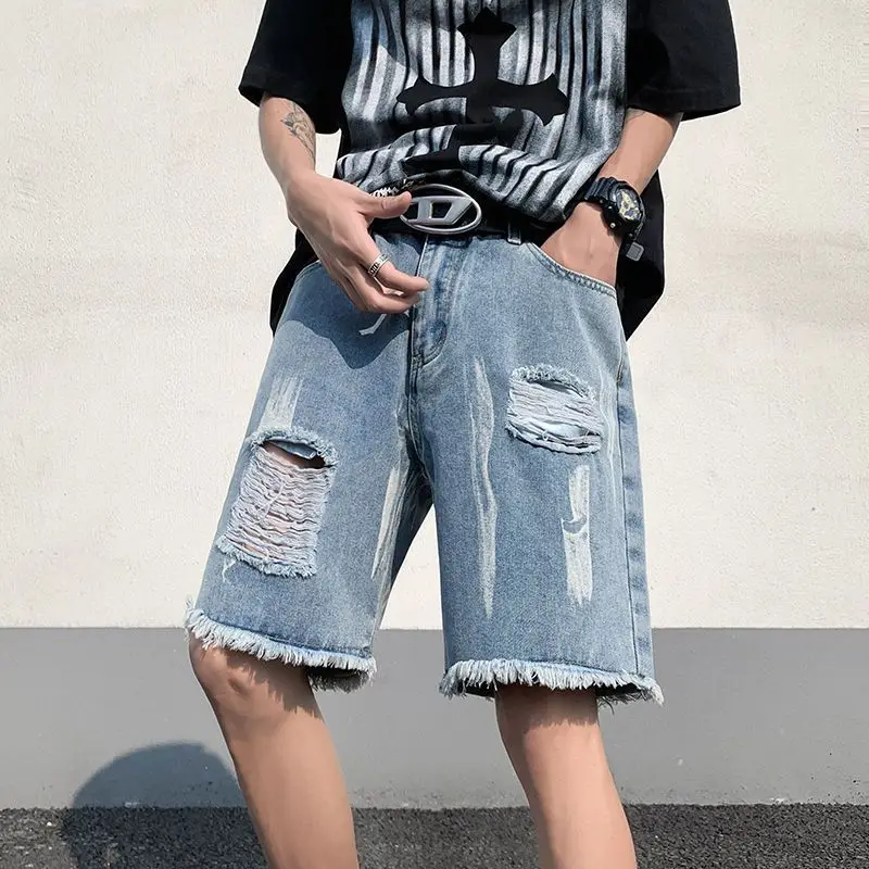 

New Ripped Denim Shorts Men's High Street Straight Leg Fringed Five Quarter Pants