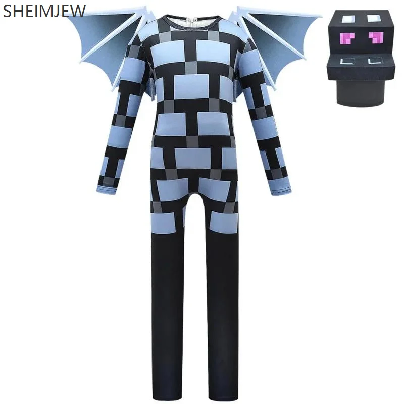 Game Role Playing Children Boy Blue Plaid Pixel Mask Wings Jumpsuit Halloween Creative Evil Cube Tight Jumpsuit Costume