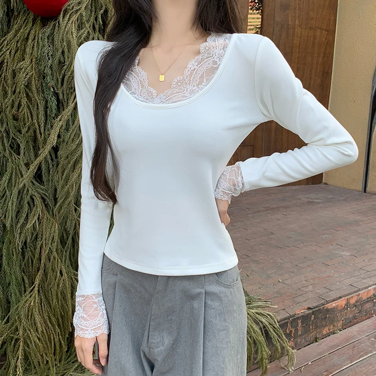 2026 Herbst Winter Damen T-Shirt Spitze Schlankes Basis-T-Shirt Elegantes Vielseitiges Strick-Layering-Oberteil mit Langen Ärmeln für Damen Neu eingetroffenes T-Shirt – Detail 17