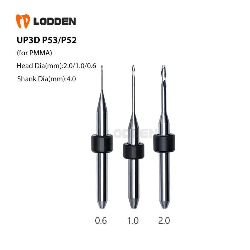 Dental UP3D P53/P52 Milling Burs for PMMA 0.6mm/1.0mm/2.0mm D4 NC Coating Milling Cutter Compatible UP 3D P53 5 Milling Machine