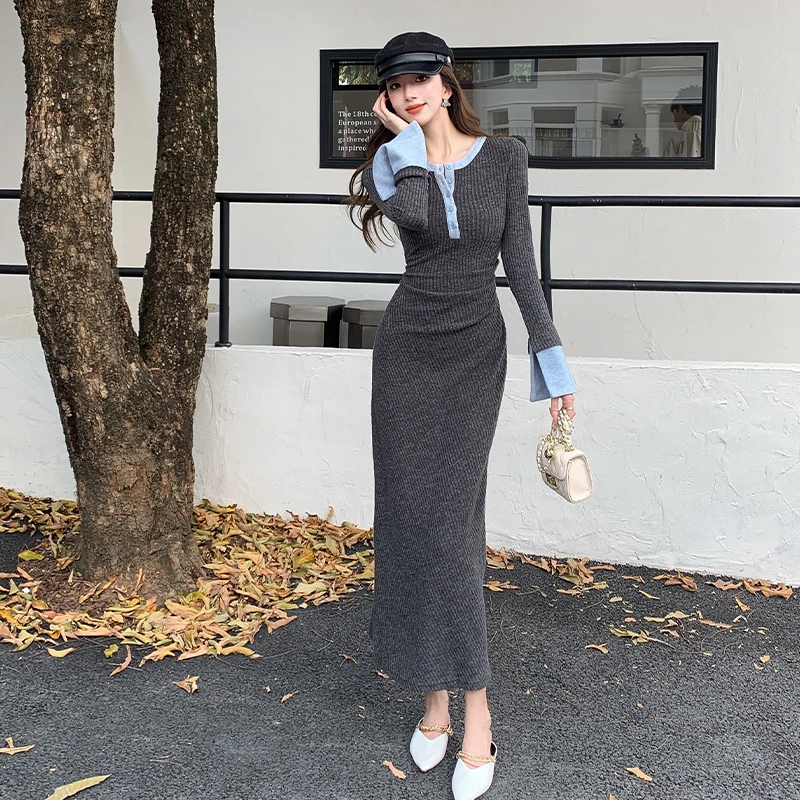 Autumn Vintage Knit Dress 2025 Female O-Neck Buttons Long Sleeves Chic Design Contrast Color Ruched Slim Waist Sweater Dress