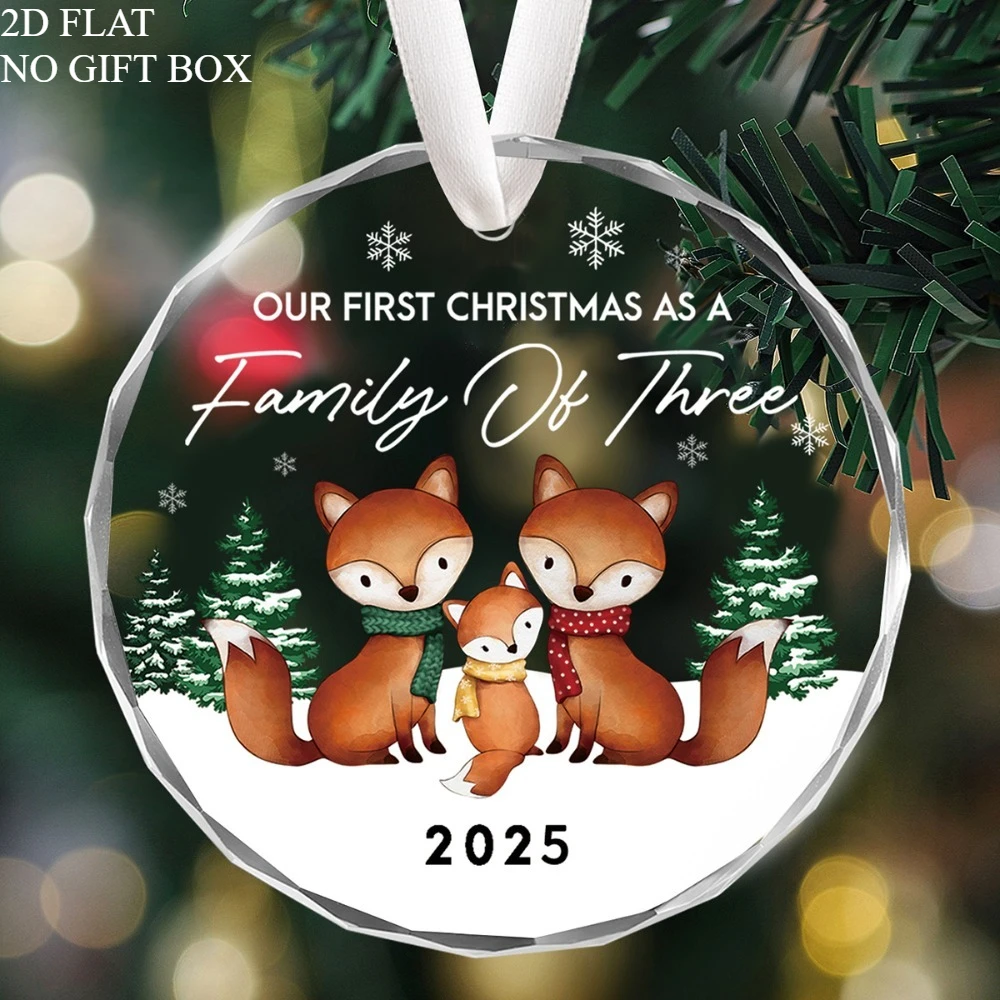مسطح ثنائي الأبعاد، 1 كريستال ثلاثي الأجيال للعائلة أول زينة عيد الميلاد - تذكار كروي شفاف 8.0 سم مع عائلة الثعلب