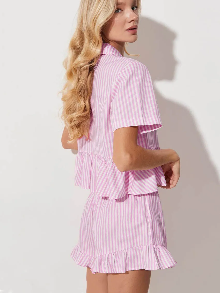 Marthaqiqi Loose Ladies Pajamas Set Sexy Turn-Down Collar Sleepwear Short Sleeve Nightgowns Shorts Female Nightwear 2 Piece Suit